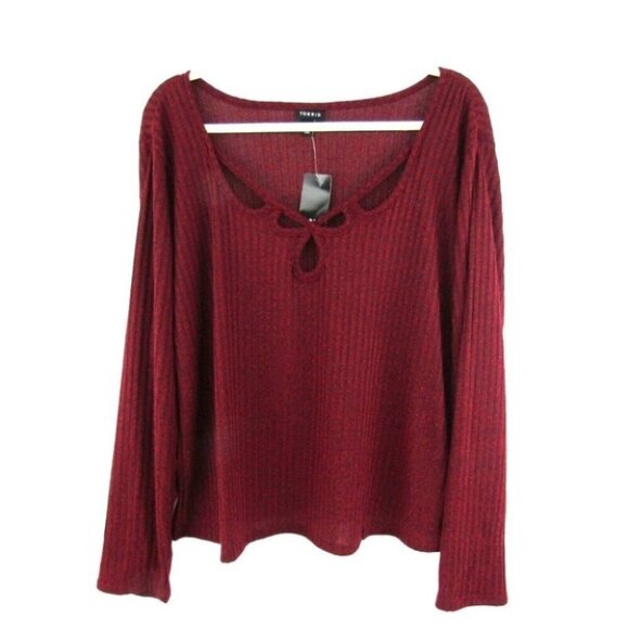 Torrid Brushed Rib Scoop Neck Cut Out Long Sleeve Tee Red Top Size 4X New Tag - Picture 1 of 11